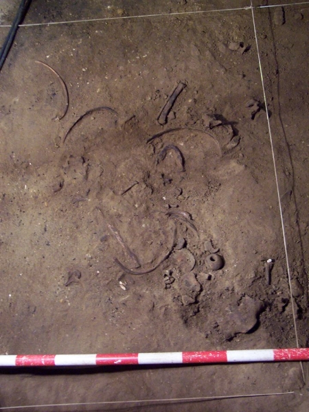 Fusayola de hueso entre los restos humanos de Las Penas. Fotografía: Alis Serna Gancedo - Mª Ángeles Valle