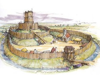 Mota medieval con población adyancente ("motted and bailey"), típicas fortificaciones en territorio europeo