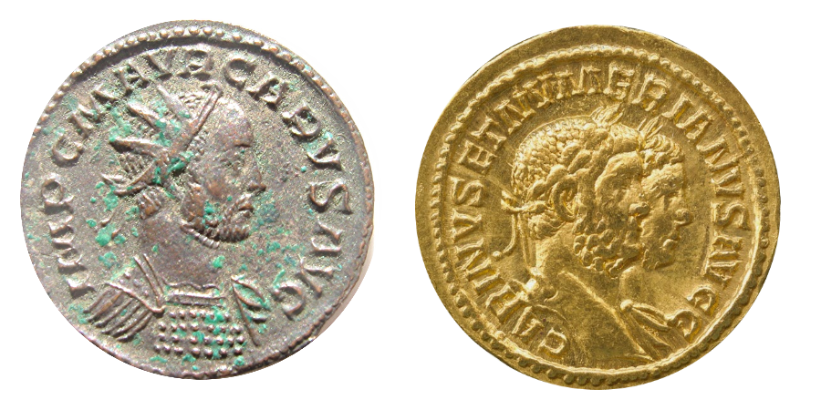 Moneda de Caro y otra de sus dos hijos (Áureo) Carino y Numeriano