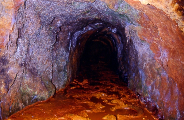 Galería, parcialmente encharcada, de la mina de Morero I. Fotografía: Lino Mantecón Callejo
